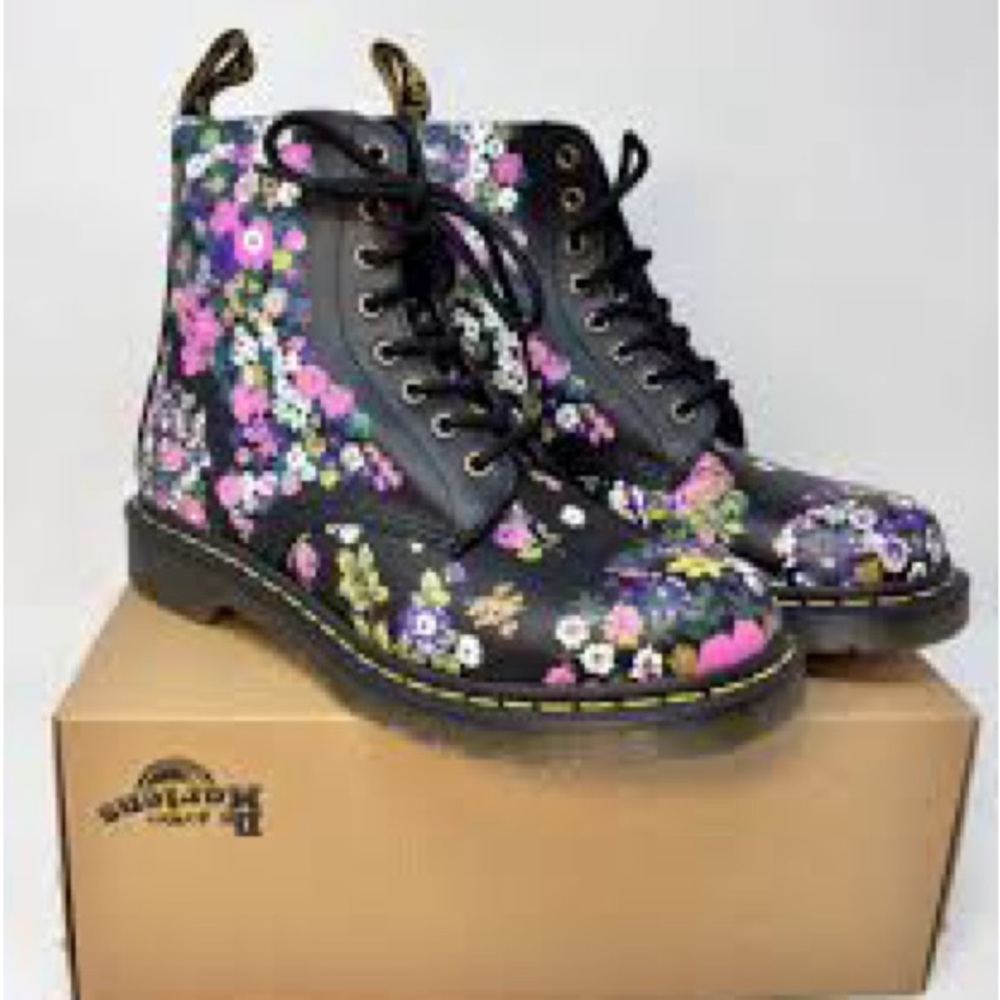 Dr. Martens Women's Floral Boots - Black and Pink
